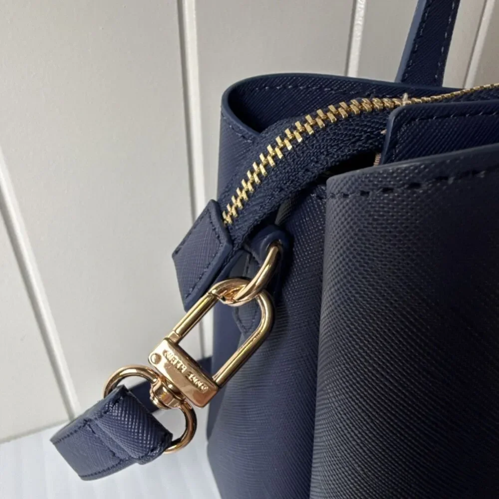 Anne Klein Navy Blue Satchel Gold Hardware Detachable Adjustable Strap Pockets - Picture 3 of 13